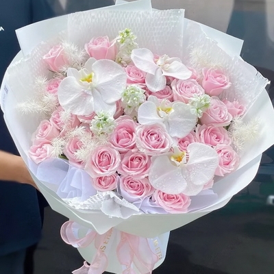 33枝粉玫瑰蝴蝶兰混搭花束