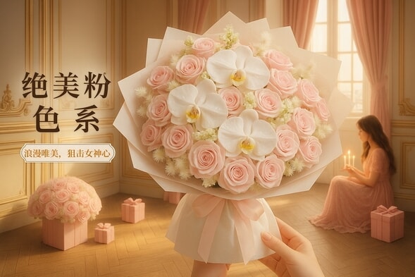 33枝粉玫瑰蝴蝶兰混搭花束 详情图 2